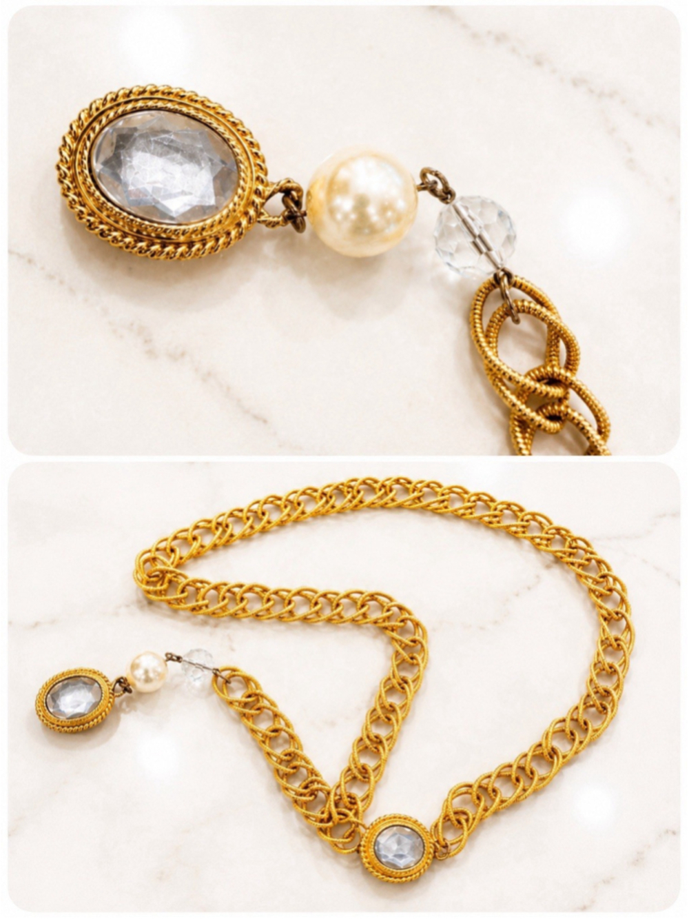 80s 90s Gold Tone Chain Belt Lariat Crystal Faux Pearl Heavy Statement - Picture 3 of 3